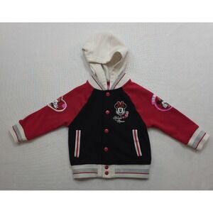 Disney Junior Girl's Minnie Mouse Black & Red Hooded Varsity Jacket. Size 3T